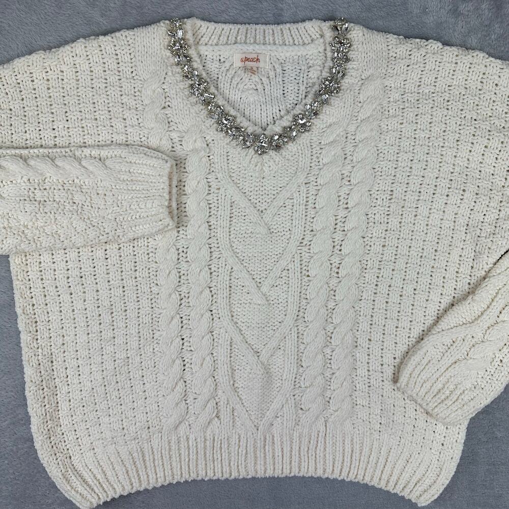 a Peach Cream Chenille Cable Knit Rhinestone Bling Sweater Boxy Cropped Small